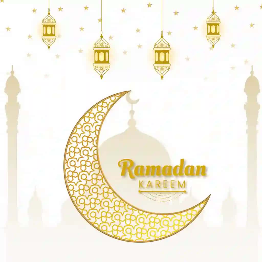 Oq rangli fonda oy yulduz lampalari bilan Ramazon karim tilaklari dizayni | Ramadan kareem wishing design with moon star lamps white color background