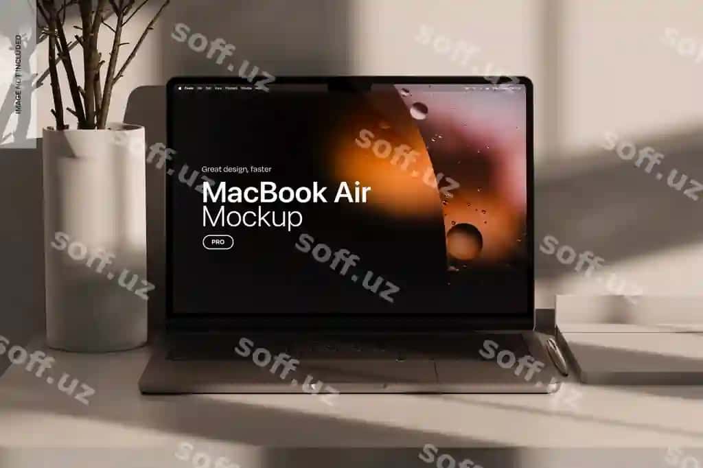 Oldindan ko'rinishi quyosh botishi nuri bilan Macbook air | Macbook air with sunset light mockup front view