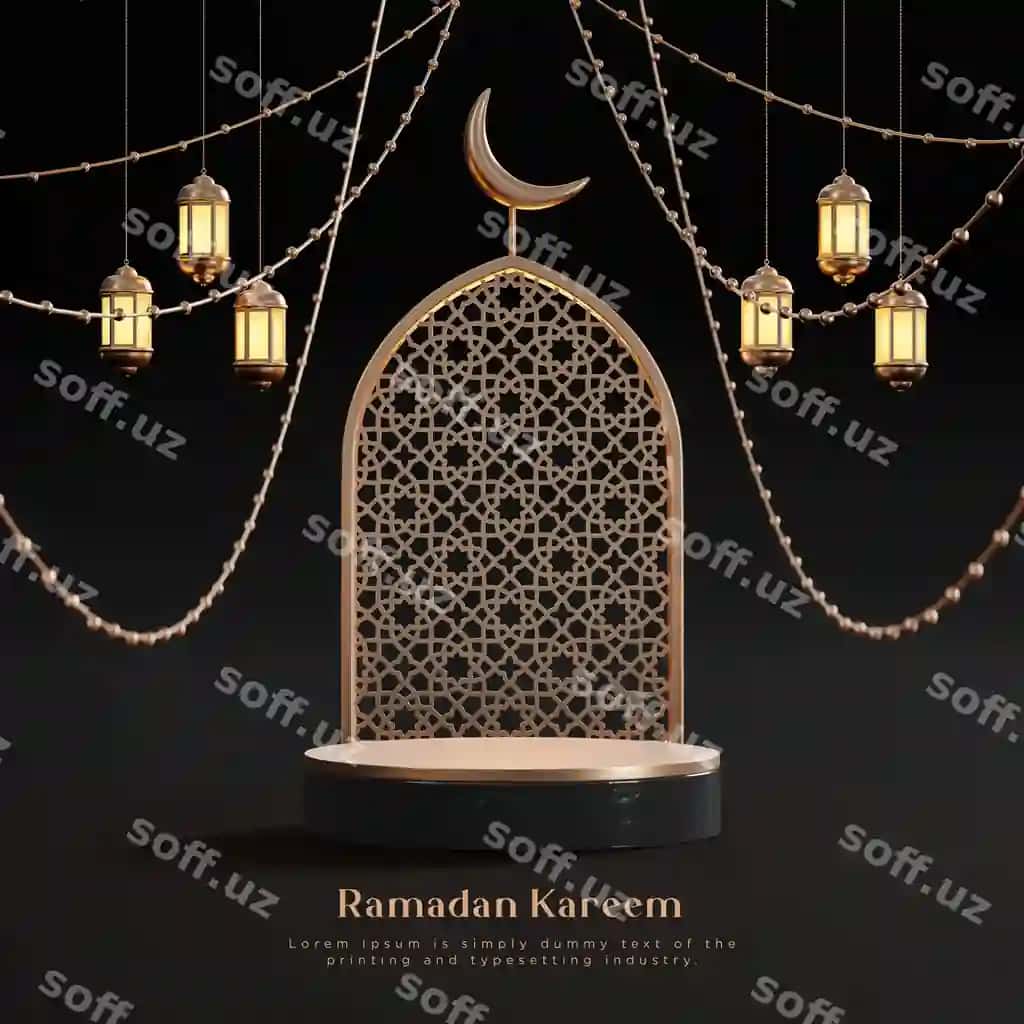 Ramazon kareem hashm realistik islamiy podium 3D qora oltin fonda | Ramadan kareem luxury realistic islamic podium 3d black gold background