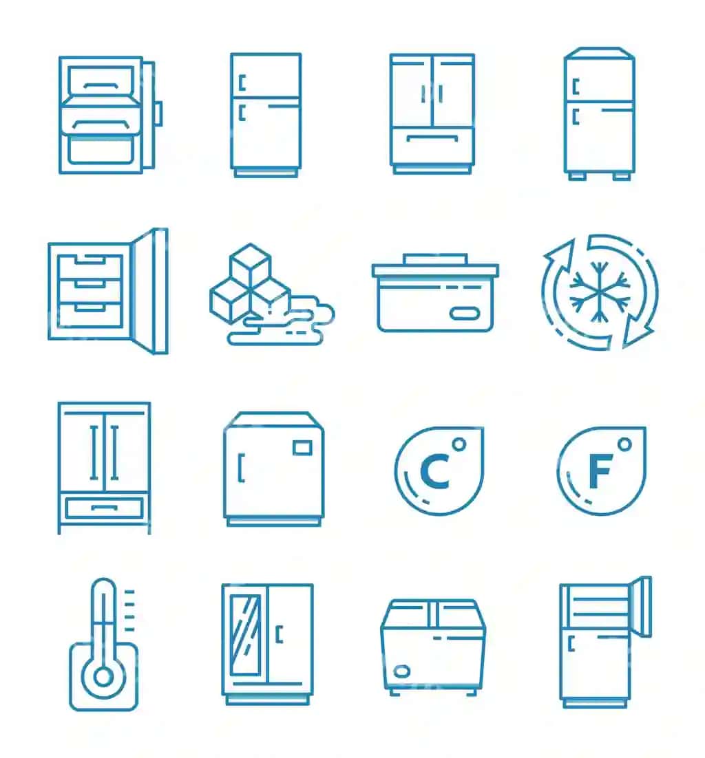 O'rnatish soyuqlik ikonkalari chiziqli uslubda | Set fridge icons with outline style