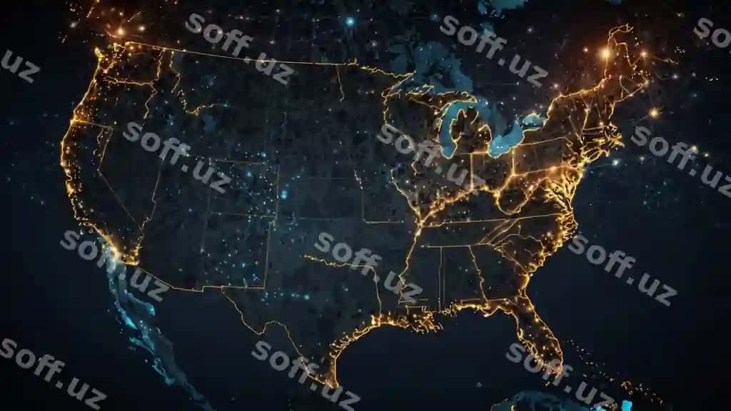 Kecha yoritilgan tarmoq ulanishlari bilan Amerika Qo'shma Shtatlarining raqamli xaritasi | Digital map united states with illuminated network connections night
