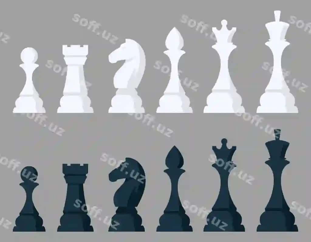 Shaxmatlar komplekti qora va oq multfil'm uslubida | Set chess pieces black white objects cartoon style 2
