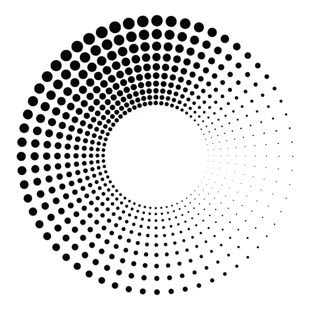 Qora dumaloq yarim tonli tekstura nuqtali radiusli aylanma tornado shaklidagi gradient | Black round halftone texture dotted radial swirl tornado shape gradient