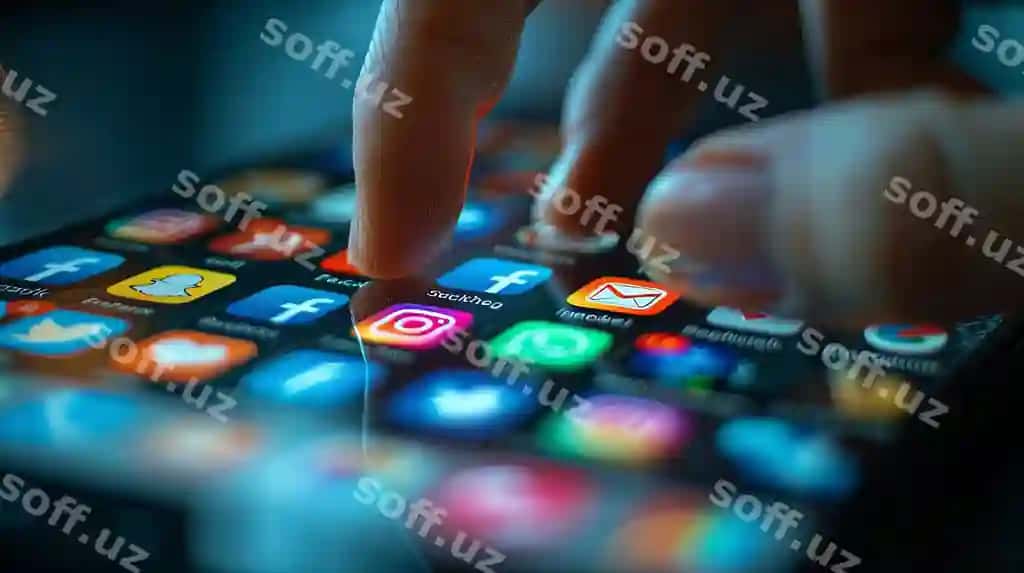 Ijtimoiy media ilovalari bilan smartfon ekranida instagram belgisini barmoq bilan bosish | Finger pressing instagram icon smartphone screen with social media apps