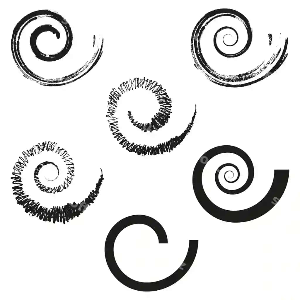 Olti ta abstrakt qora spirallar turli xil chizuq qalinliklariga ega. | Set six abstract black spirals featuring various line thicknesses