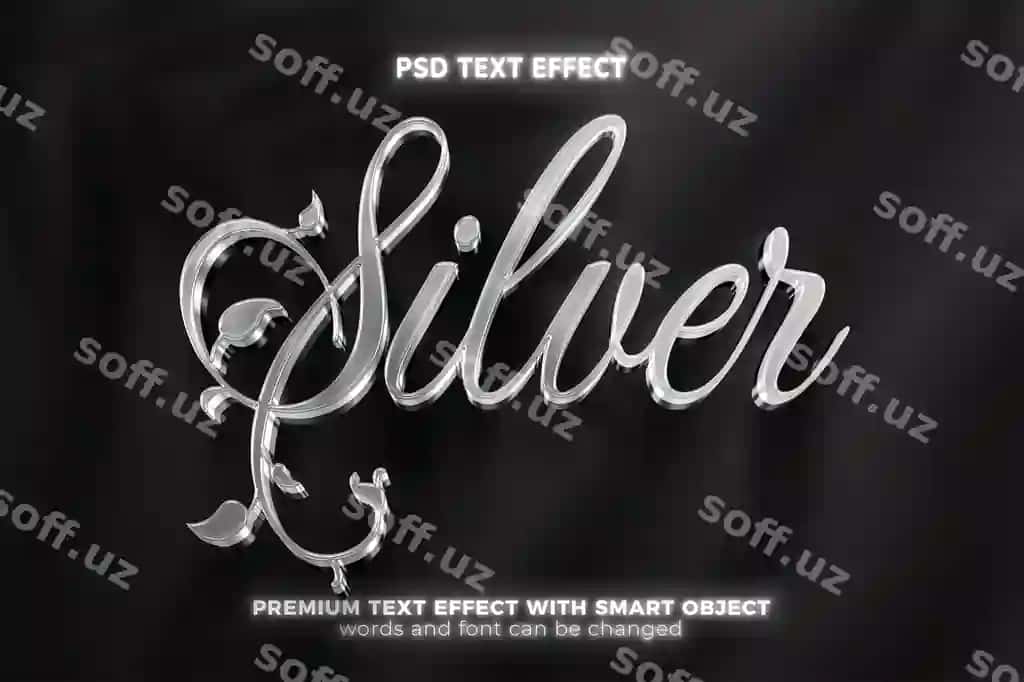 Kumush rangli hashamatli nafis maket shabloni 3D tahrirlanadigan matn effekti uslubi | Silver luxury elegant mock up template 3d editable text effect style