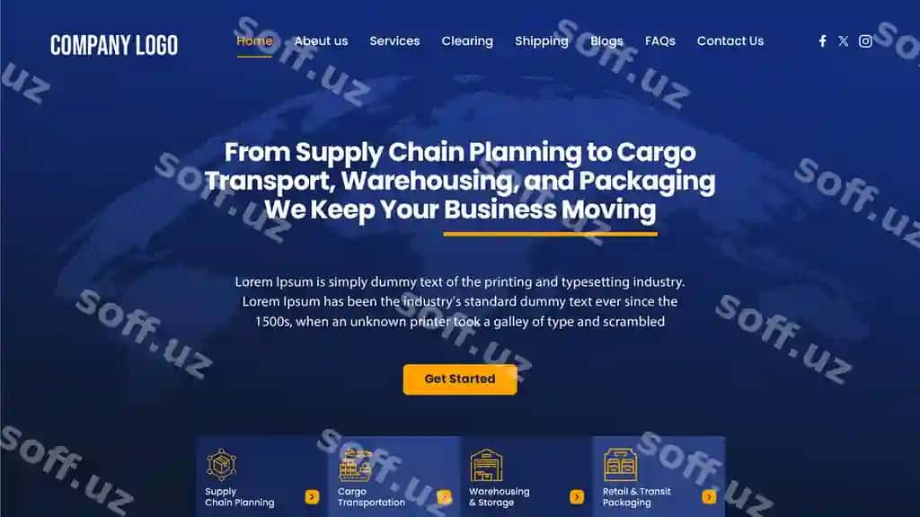 Ta'minot zanjiri logistikasi veb-sayt sarlavhasi qahramon bo'limi | Supply chain logistics website header hero section