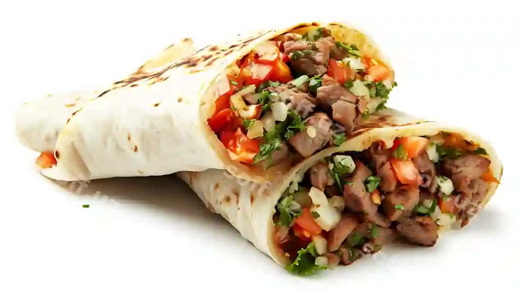 Meksik tacos gosht va vegetables bilan oq fonda isolatsiya qilingan | Mexican tacos with meat vegetables isolated white background
