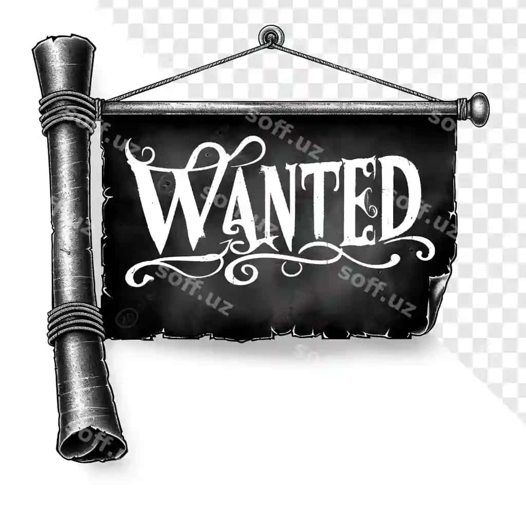 Shaffof fonda haqiqiy qora aylantiruvchi matnli istalgan belgi | Wanted sign realistic black scroll text transparent background