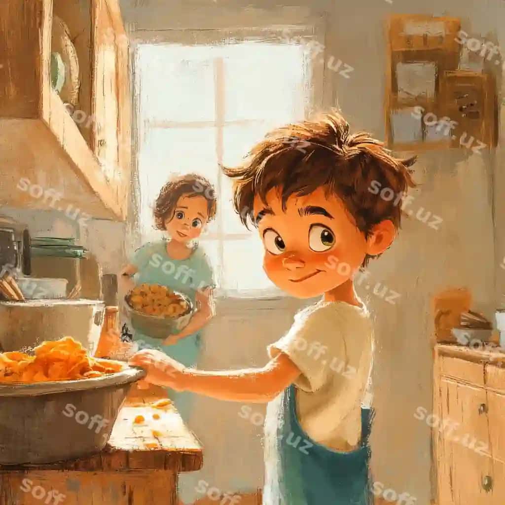 Qo'g'irchoq fonida oshxona pishirayotgan bolakay rasm | Painting boy cooking kitchen with doll background