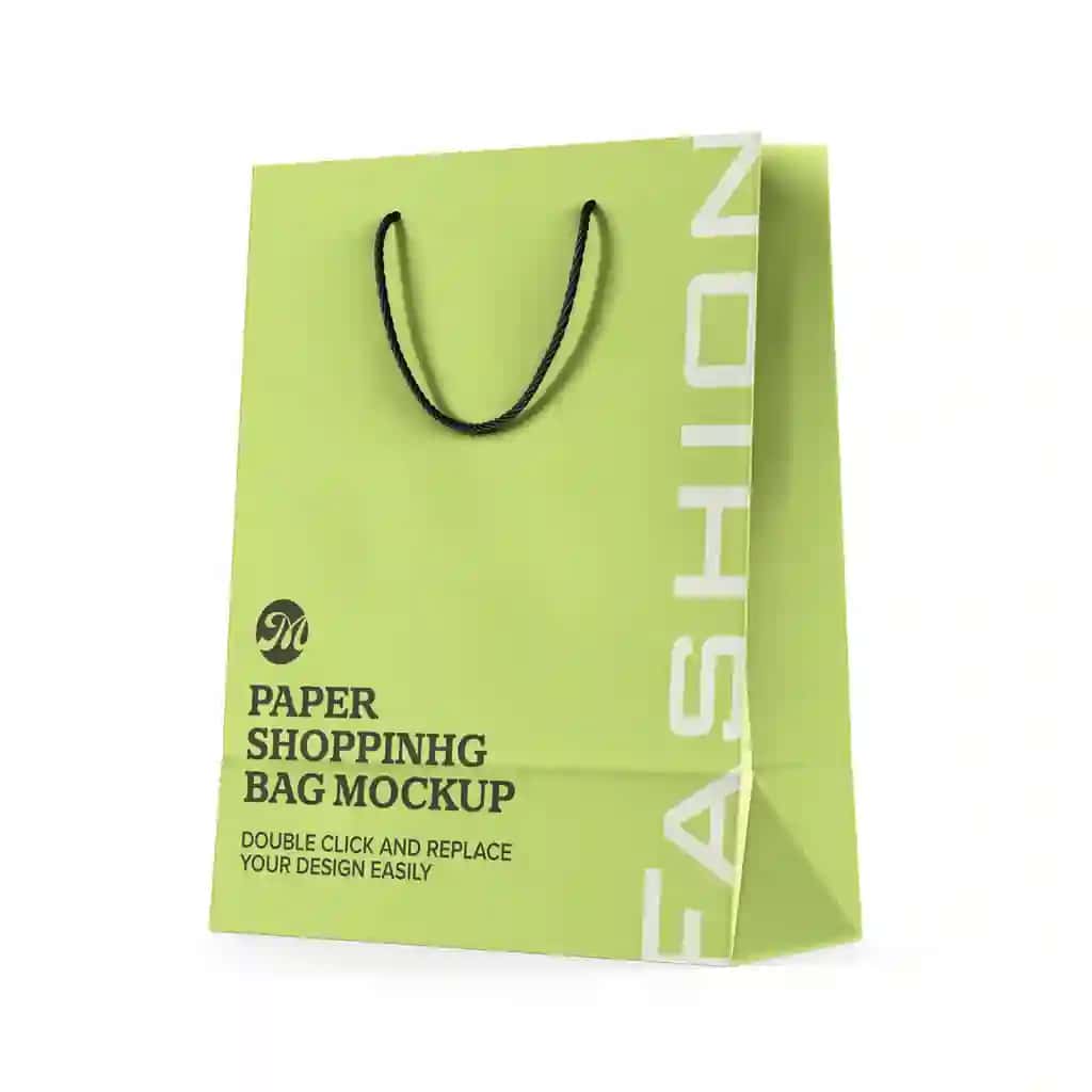 Arqon dastasi maketi bilan qog'oz xarid qilish sumkasi | Paper shopping bag with rope handle mockup branding