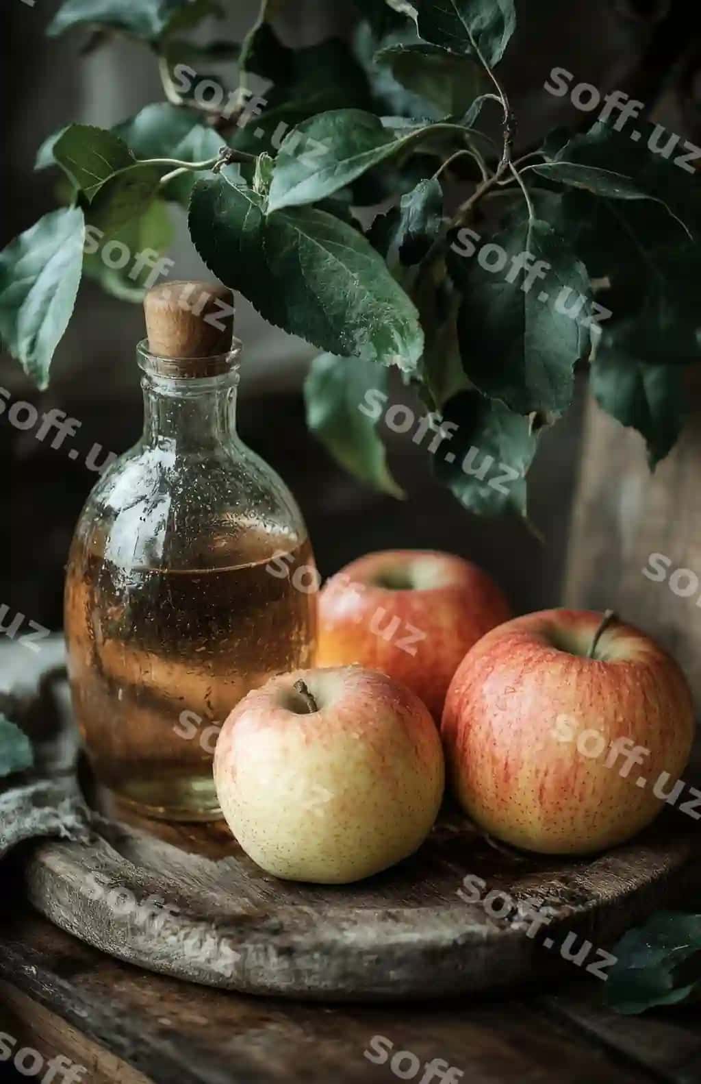 Yog'och tutqichli porloq olma ichimlik shishasi | Glossy apple beverage glass bottle with wooden handle