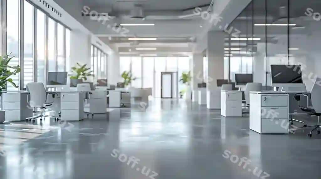 Zamonaviy ofis ichki dekoratsiyasi oq stollar va stullar, katta oynalari shahar skyline ko'rinishi. | Modern office interior with white desks chairs featuring large windows overlooking city skyl