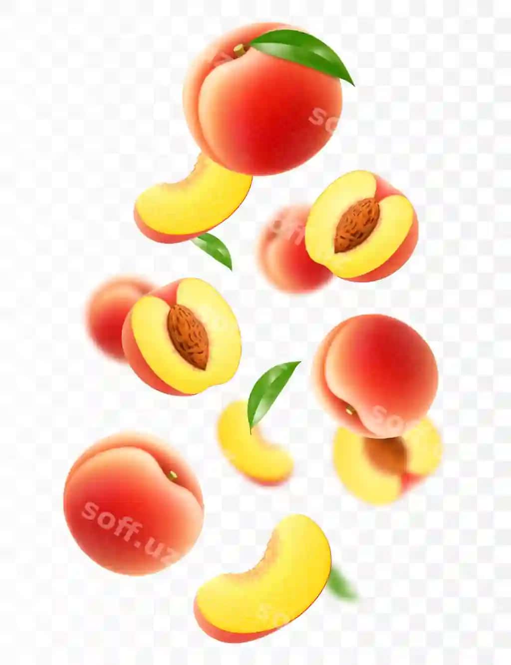 Uchib ketayotgan pishgan shaftoli yorqin reklama fonida suvli shirin tushmoqda | Flying ripe peach bright advertising background falling juicy sweet