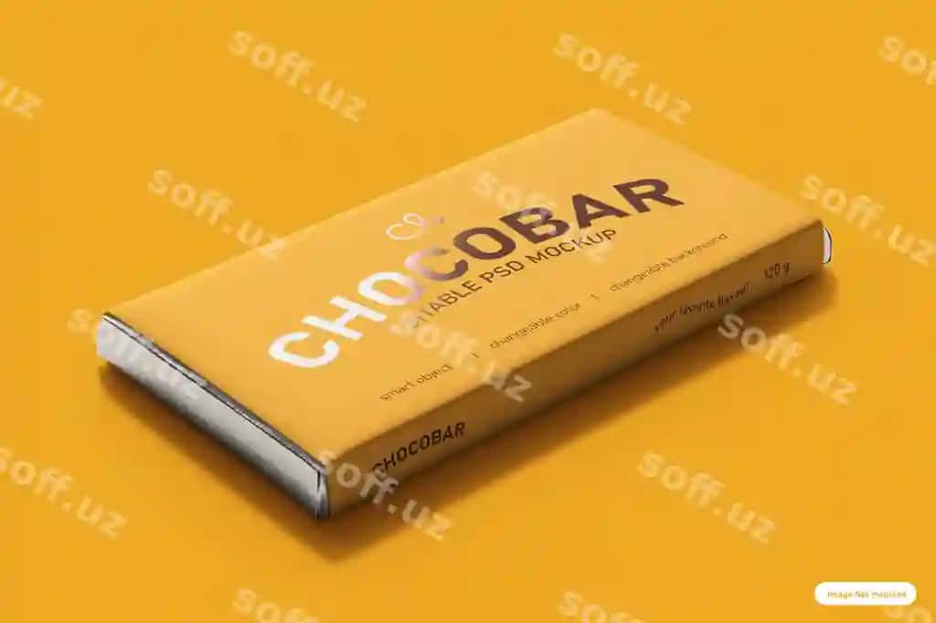 Haqiqiy maket istiqbolli folga bilan shokoladli konfetlar paketi | Chocolate candy bar packaging wrap with foil realistic mockup perspective