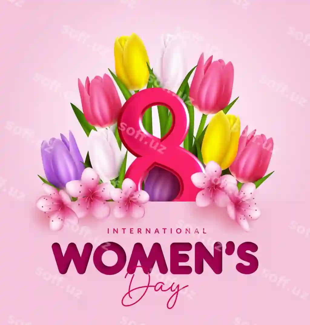 Ayollar kuni 3D vektor dizayni Ayollar kuni xabar matni lola bilan | Womens day 3d vector design womens day greeting text with tulips