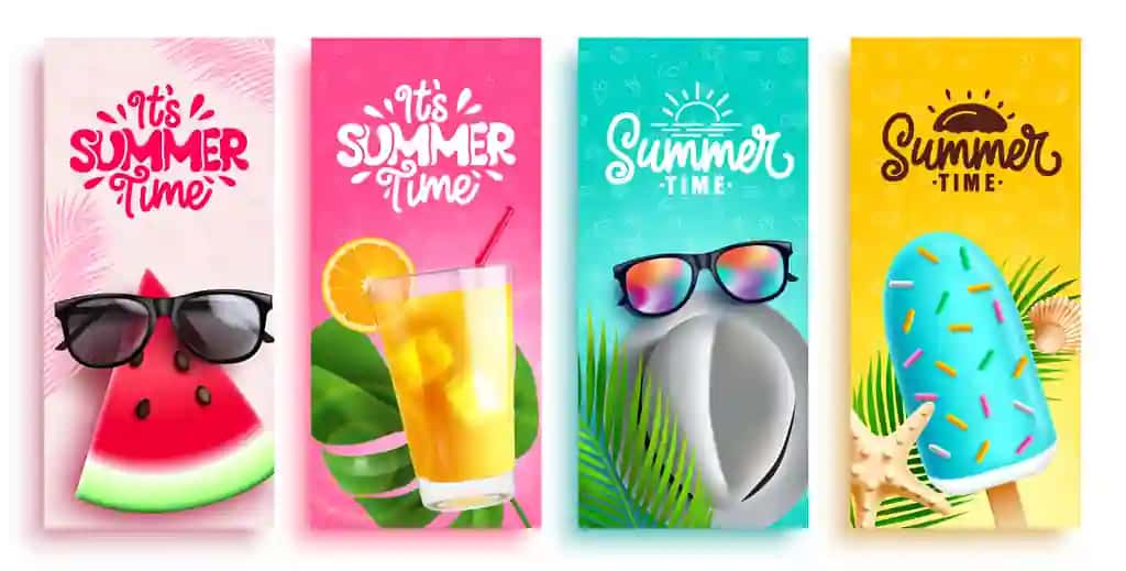 Yoz vaqti vektorli plakatlar to'plami, yozgi tropik matni dizayni | Summer time vector poster set design it s summer time text tropical