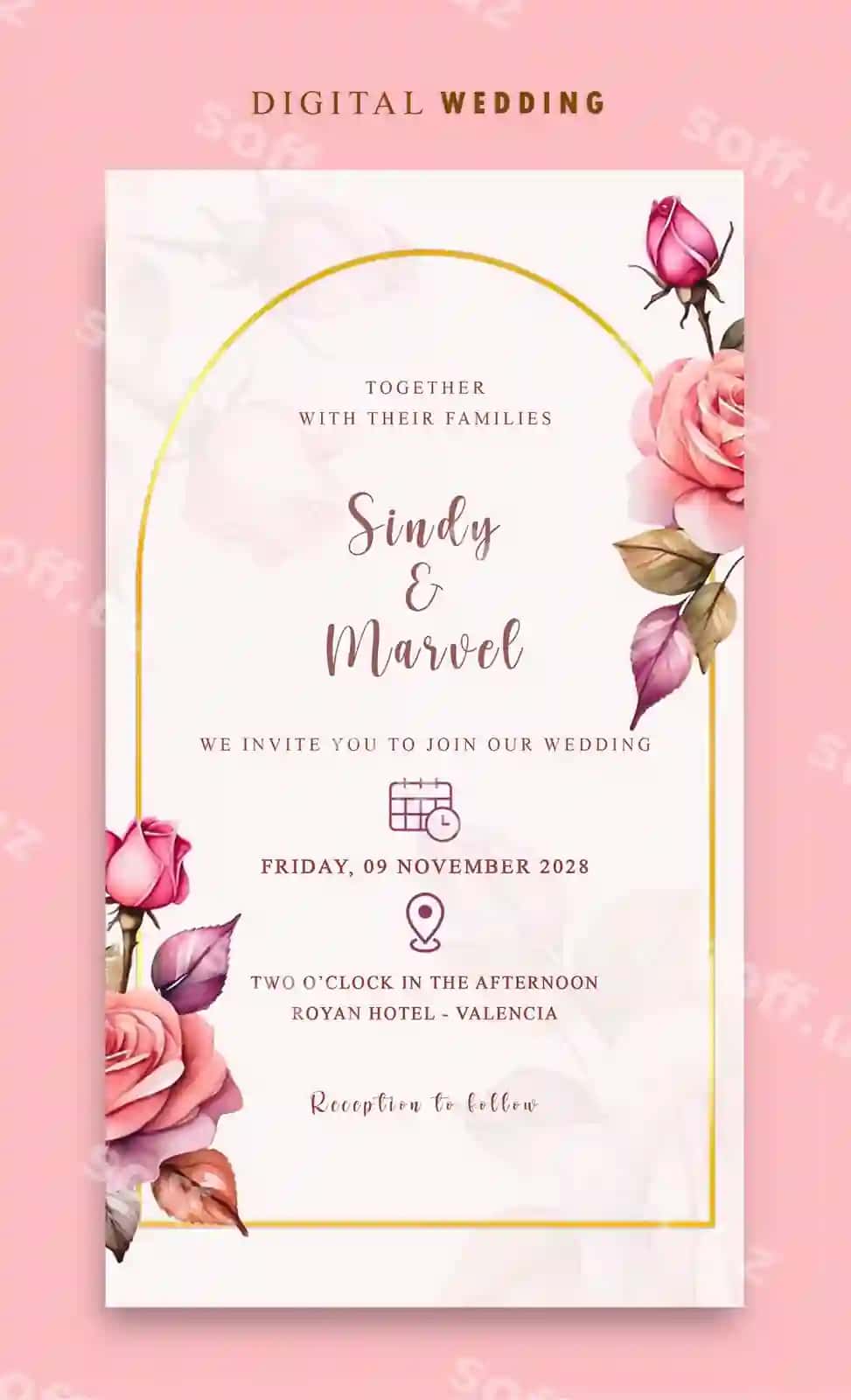 Pushti gulli Psd elektron to'y taklifnomasi | Psd electronic wedding invitation with pink flower