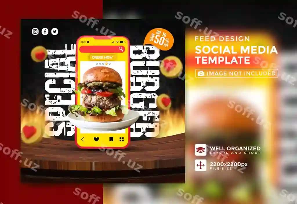 Maxsus burger ovqat menyu ijtimoiy tarmoqlar Instagram posti shabloni | Special burger food menu social media instagram post template