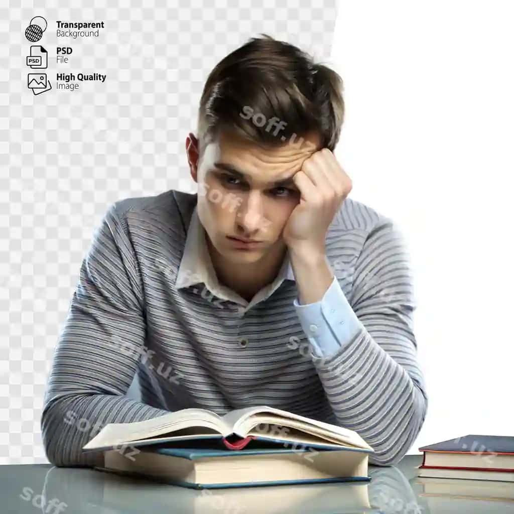 Yigit darslik stolini o'qib o'ychan pozada turibdi | Young man thoughtful pose studying textbook desk