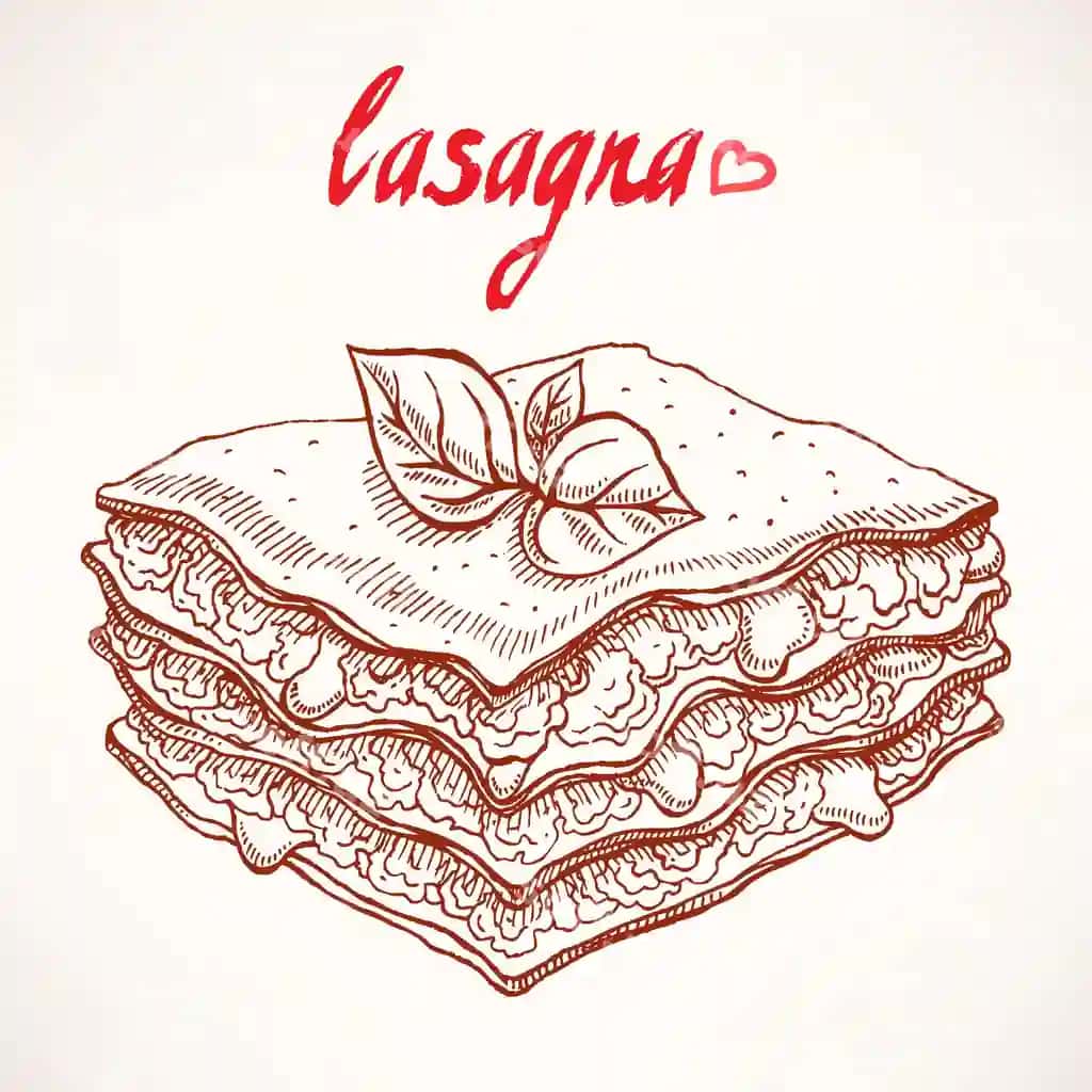 Mol go'shti reyhan barglari bilan ishtahani ochadigan lazanya parchasi bilan eskiz | Sketch with appetizing piece lasagna with beef basil leaves