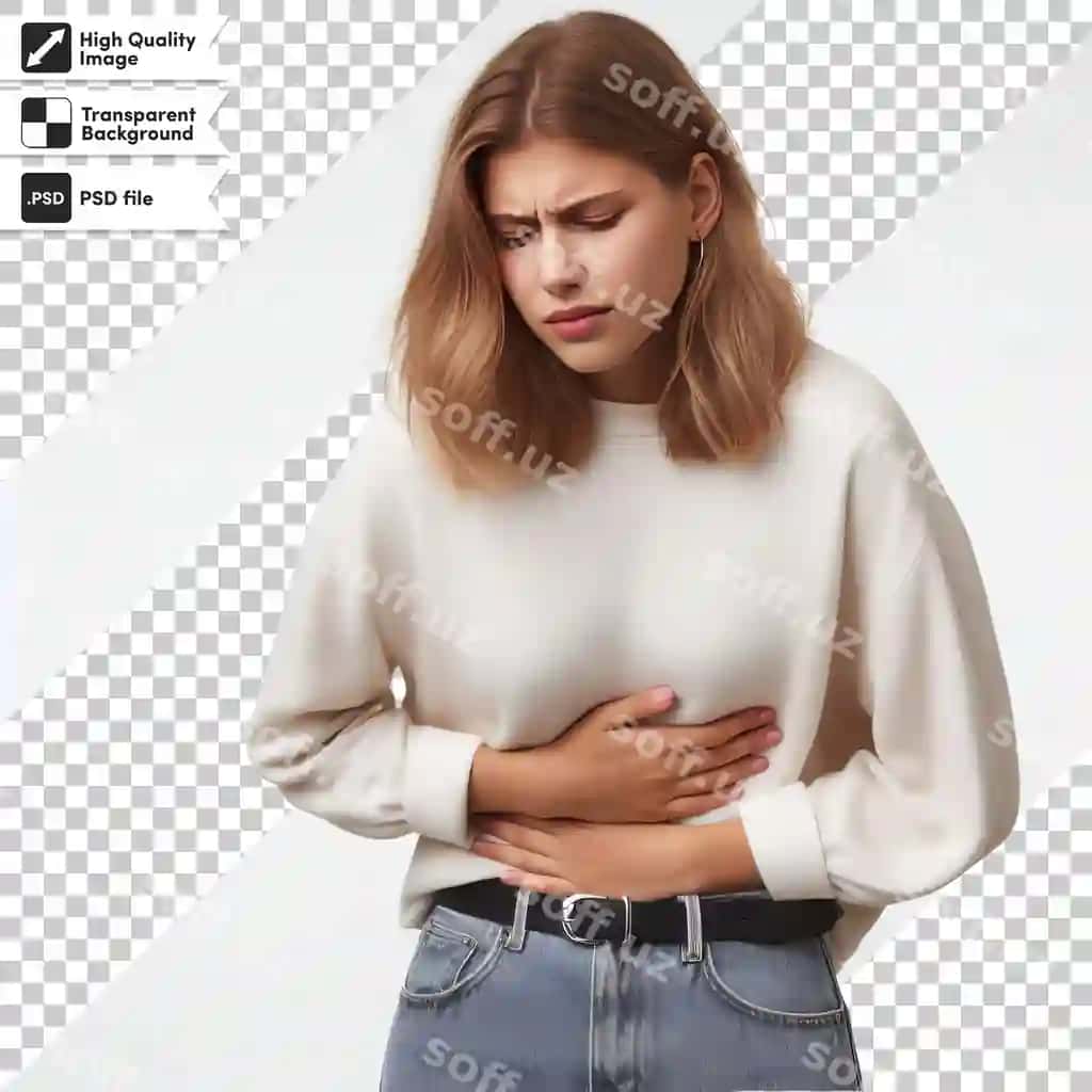 Psd cho'ka og'rig'i bilan ayol shaffof orqa fonda tahrir qilish mumkin | Psd woman with stomach pain transparent background with editable