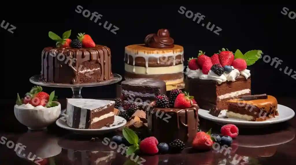 Fotosurat turli xil misharif ko'rinishi tortlar | Photograph assortment delicious looking cakes