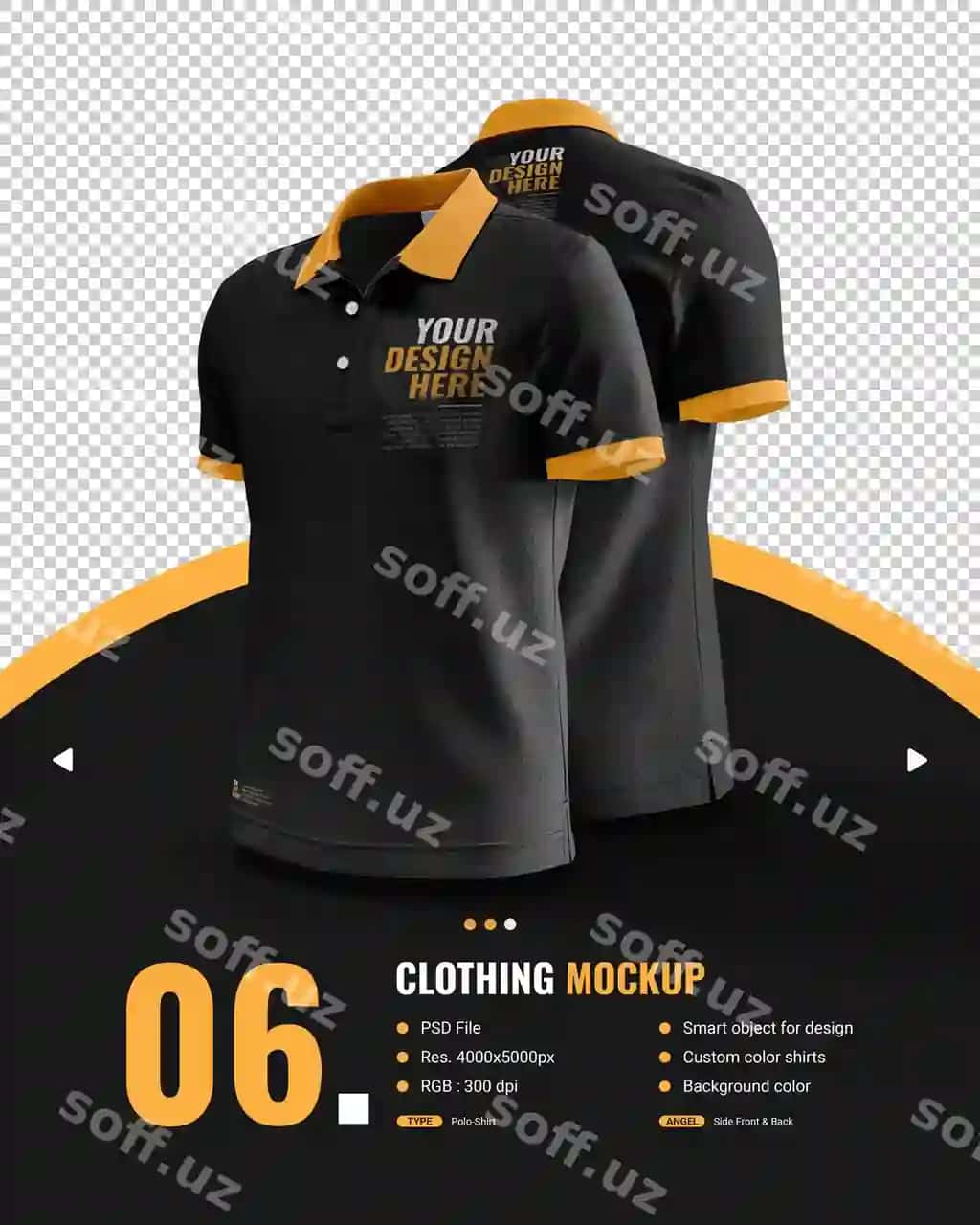 Erkak uchun qora qisqa qolukli polo rubagining namunasi tomondan, oldindan, orqasidan ko'rinish | Mockup male black polo shirt with short arm view side front back