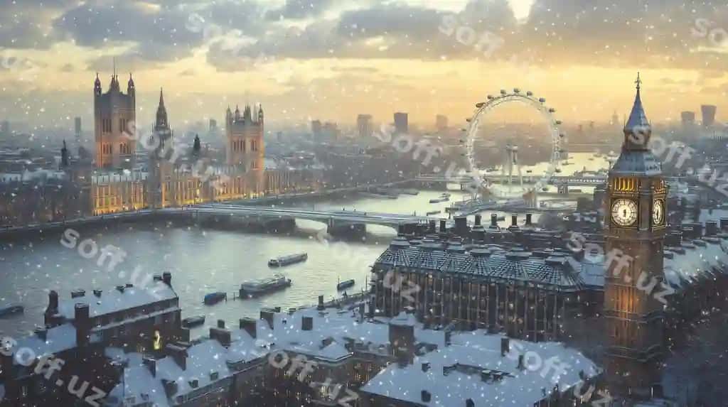 London shahar sathi qar bilan qoplangan va mashhur binolari bilan. | Iconic london skyline covered blanket snow with famous landmarks