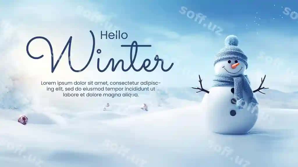 Salom qish banner shablon panoramali ko'rinish baxtli qar qiz qish | Hello winter banner template panoramic view happy snowman winter