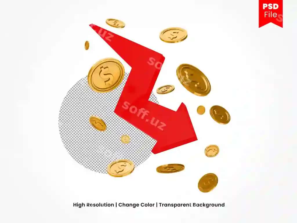 Pastga qaraltilgan strelka tangalar bilan 3d render | Down arrow with coins 3d render
