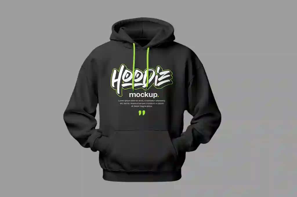 Yashil aksentli matnli qora qalpoqli maketi | Black hoodie mockup with green accents text