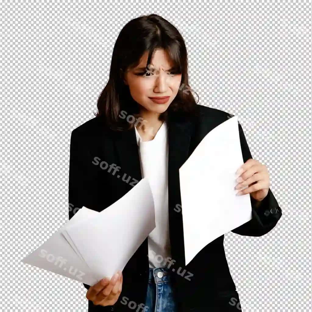 O'ylayotgan, hujjatlarni tutgan yosh chiroyli ayol qora jaket kiygan. | Thinking holding papers young beautiful female wearing black jacket