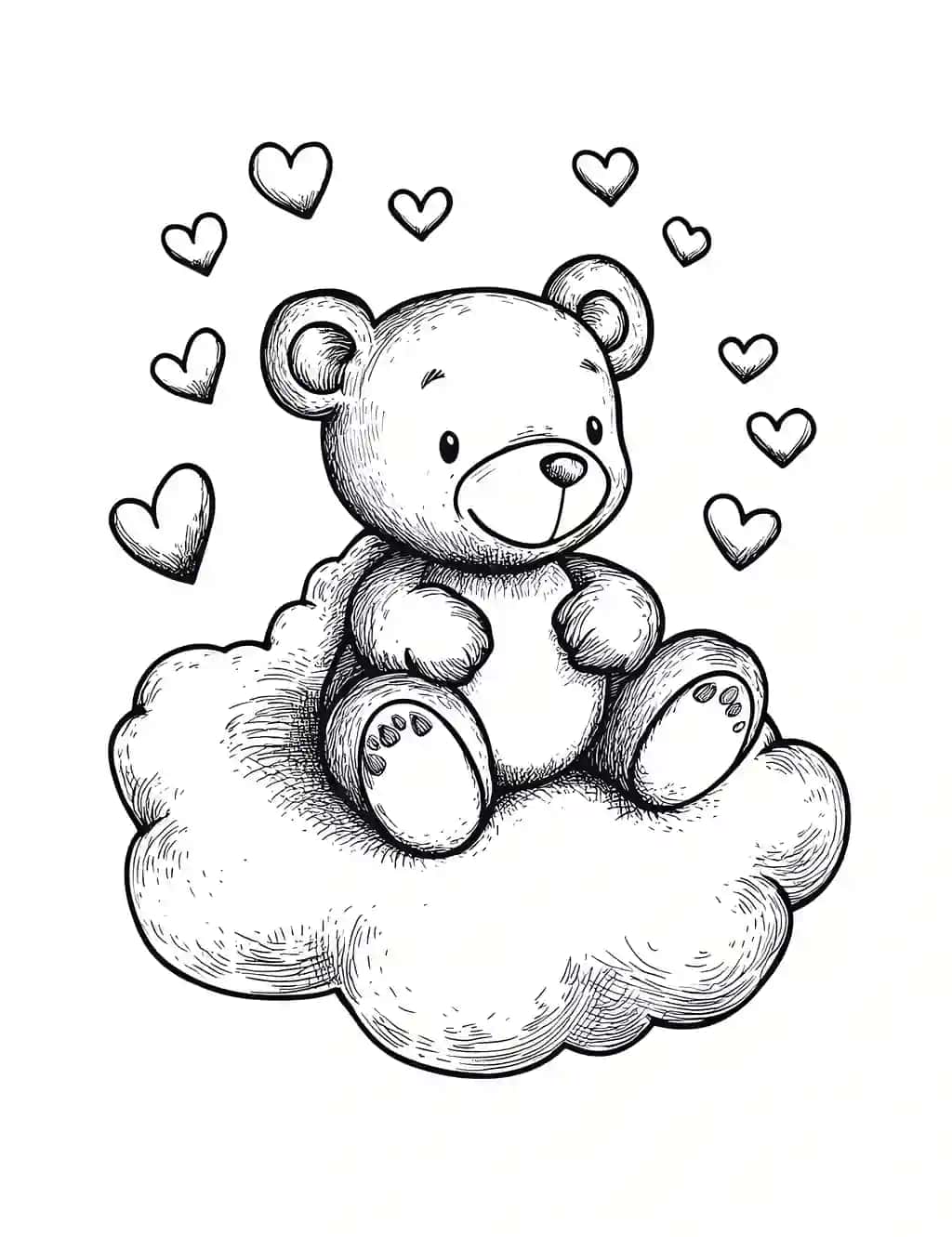 Yoqimli ayiqcha bulutlar ustida o'tirib, atrofida yuraklari bor bolalarni bo'yash sahifasi | Cute teddy bear sitting top clouds with hearts around it coloring page kids