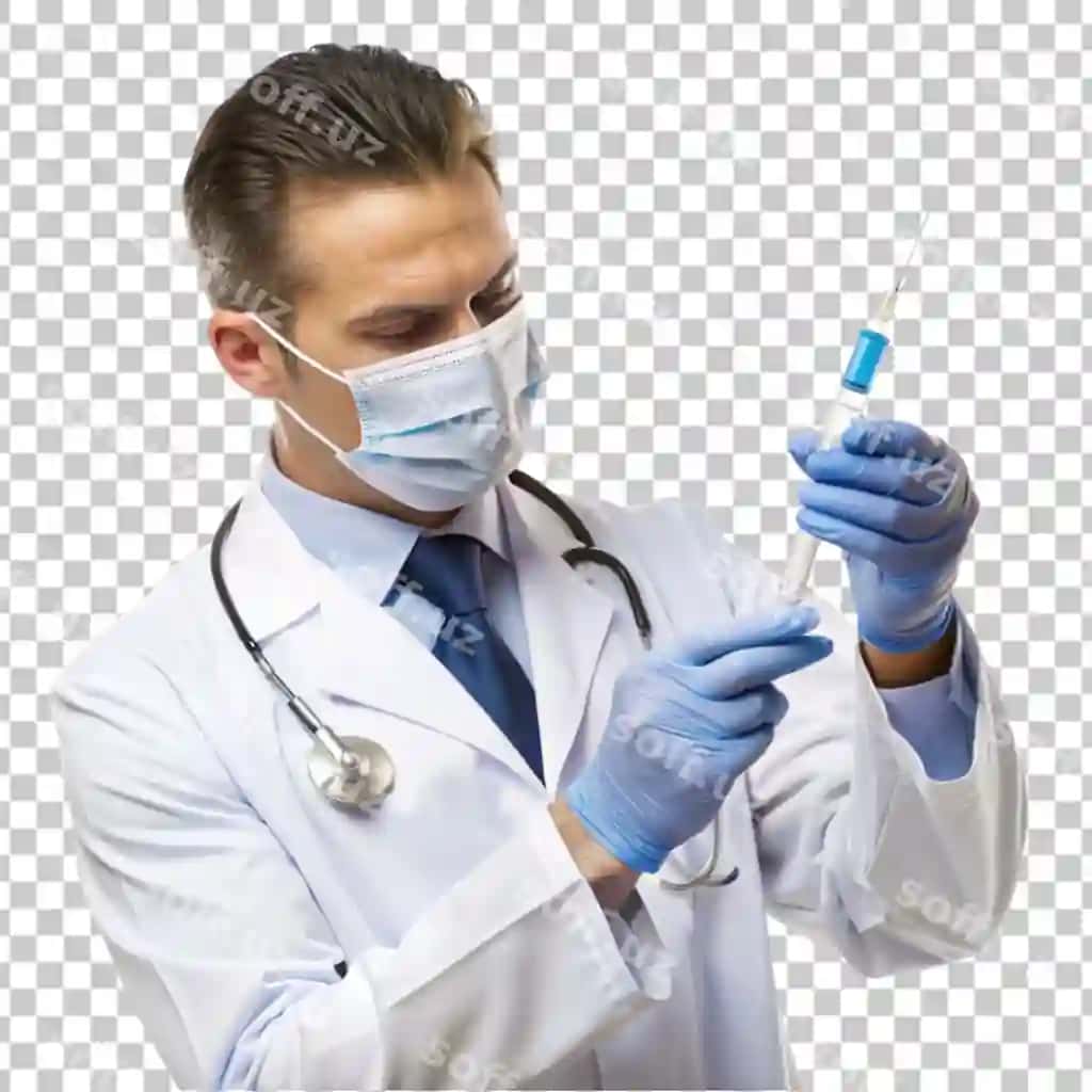 Doktor siringa vaktsinatsiyasini tayyorlaydi shaffof orqa fonda | Doctor prepares syringe vaccination transparent background