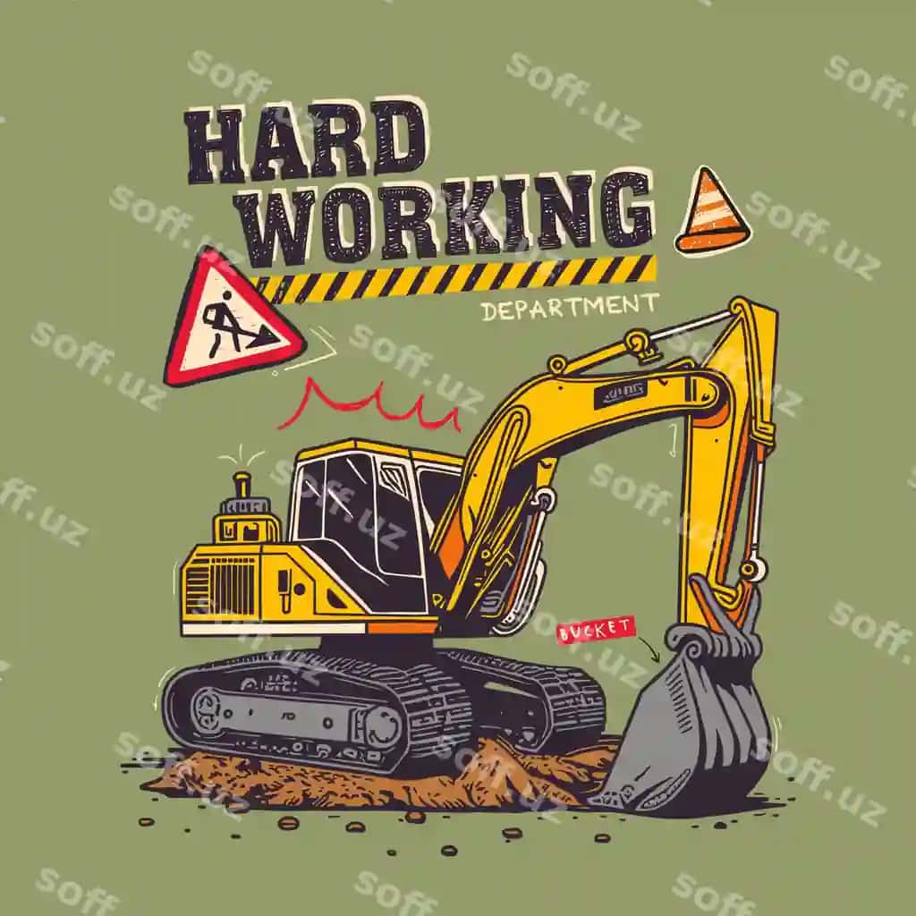 Qattiq ishlaydigan sariq ekskavator qurilish mashinalari vektor tasviri | Hard working yellow excavator construction machines vector illustration