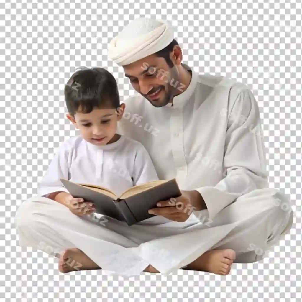 Baba va uning yosh o'g'li kitob o'qiyotgan shaffof fonda | Father young son sit read book transparent background