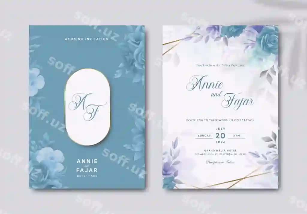 Elegant turerga taklifnoma shabloni suvarli rang rasmi bilan | Elegant wedding invitation template with watercolor illustration 2