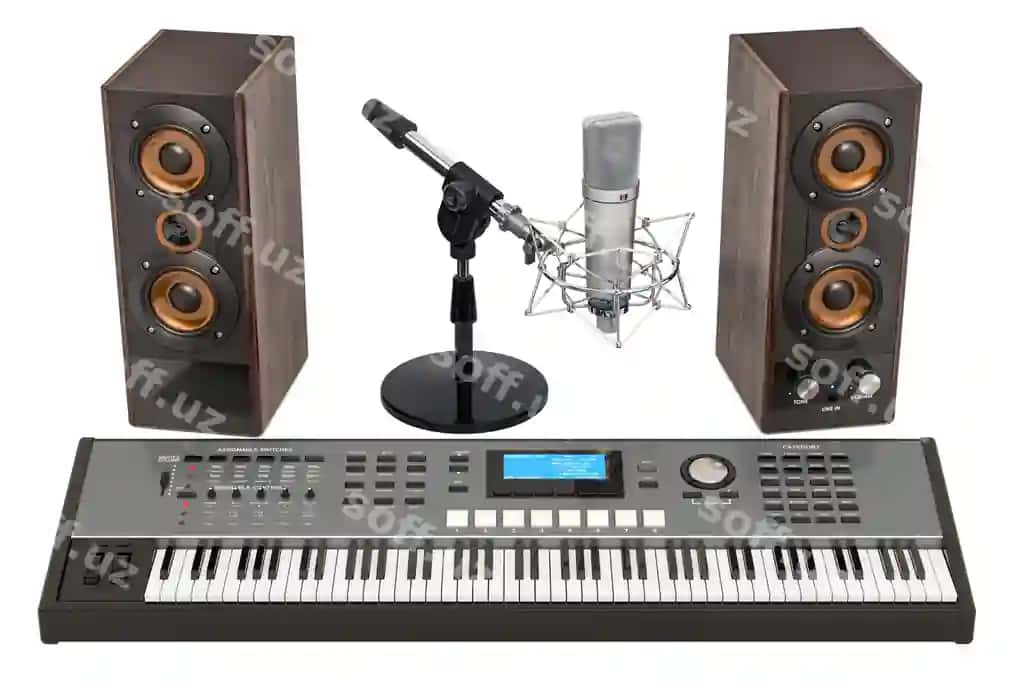 Sintezator, karnaylar, mikrofon, 3D renderlash | Synthesizer loudspeakers microphone 3d rendering