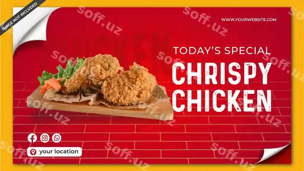 Qurqatilgan tovuqli ovqat banner dizayn shabloni | Crispy chicken food banner design template