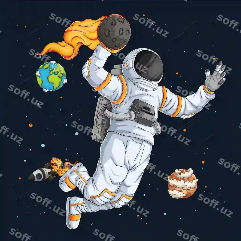 Qollanma chizilgan astronaut kostyumi basketbol o'yinini koziyotgan dunk harakatini bajarmoqda | Hand drawn astronaut spacesuit playing basketball doing dunk move