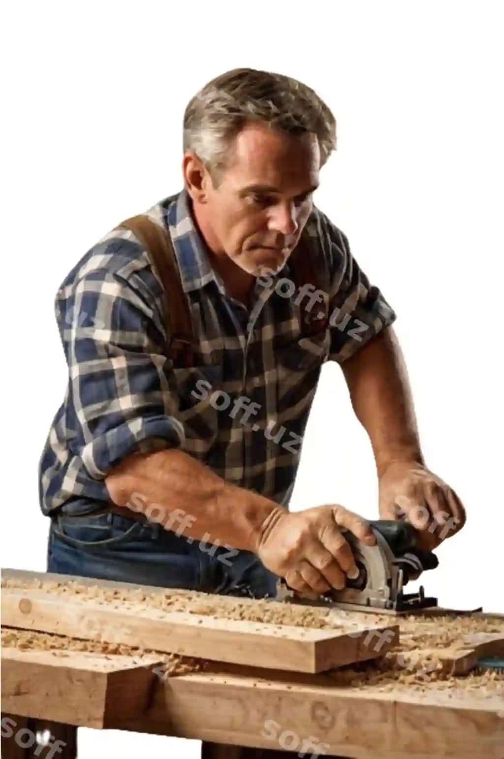 Men drill bilan yog'ochning bir qismini ishlayapman. | Man is working piece wood with drill