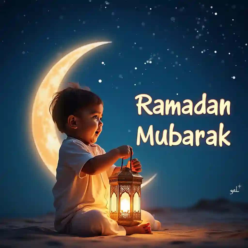 Ramazon oyi muborak charaqlab turgan yarim oyni ushlab turgan bola | Child holding glowing lantern crescent moon with ramadan mubarak