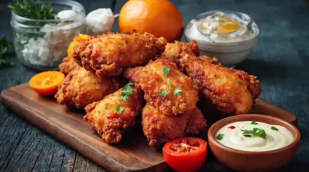 Mazali qarsildoq qovurilgan tovuq qanotlari sousli bezaklar bilan | Delicious crispy fried chicken wings with sauces garnishes
