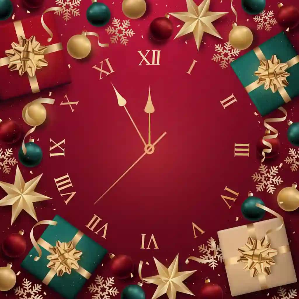 Rojdestvo soati haqiqiy qor parchalari sovg'alari bilan bezatilgan | Christmas clock framed with realistic baubles snowflakes gifts