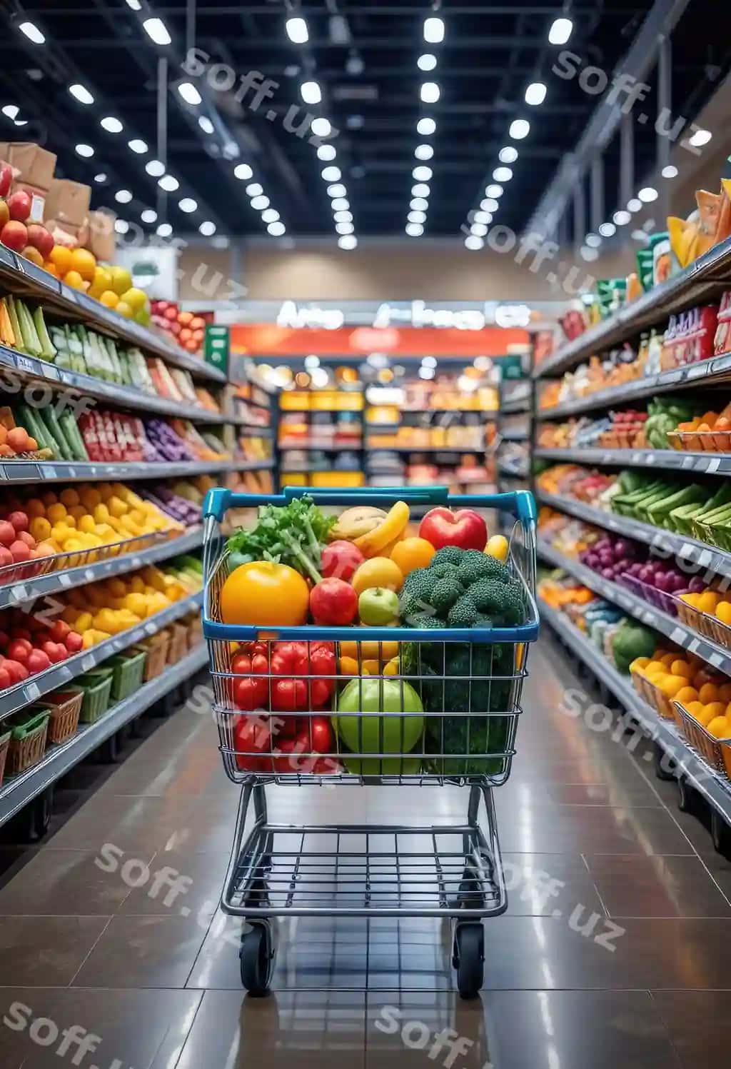 Arava to'la mevali sabzavotlar bilan oziq-ovqat do'koni | Grocery store with cart full fruits vegetables