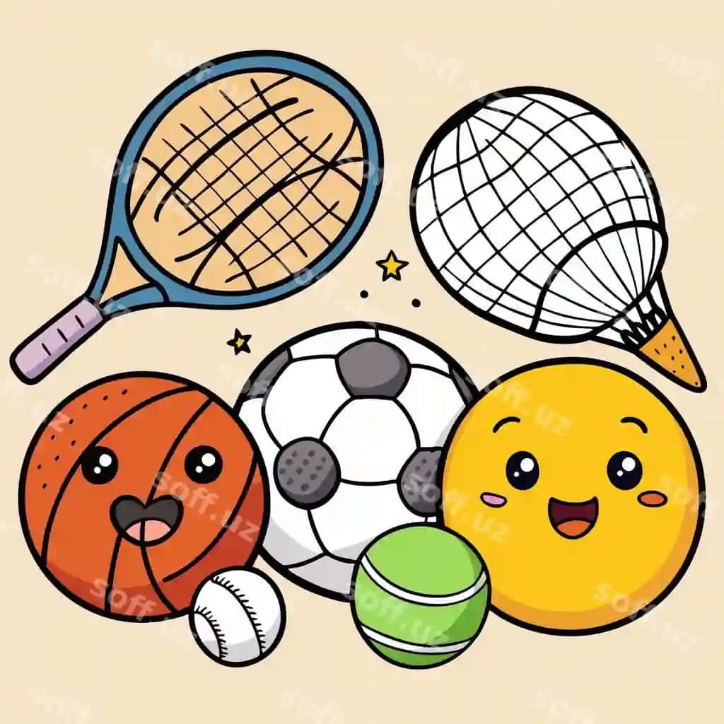 Sport jihozlari illustratsiyasi, turli xil to'plar va raketa lari bilan. | Sports equipment illustration featuring various balls racket