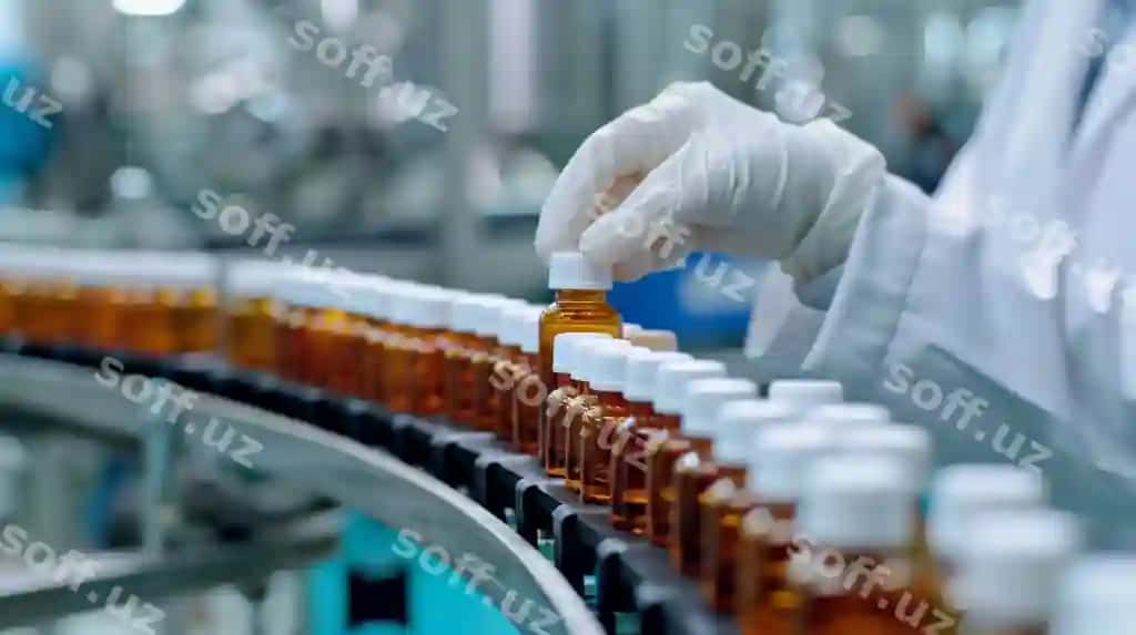 Farmatsevt ilmiy shaxs sanitar qo'llar bilan tibbiy viallar ishlab chiqarish liniyasini ko'rib chiqmoq. | Pharmacist scientist with sanitary gloves examining medical vials production line