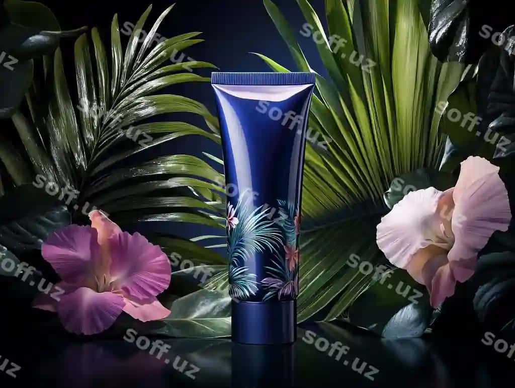 Ko'k tub lotiyon gulli dizaynlar bilan tropik varraqlar o'rtasida, gulbin gullar, qora ko'k orqa fonda. | Blue tube lotion with floral designs surrounded by tropical leaves pink flowers dark blue background