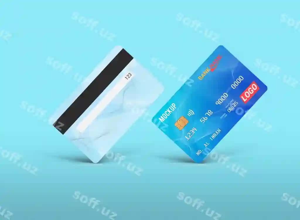 Debit karta, smart karta, plastik karta mockup old va orqa ko'rinishi | Debit card smart card plastic card mockup front back view